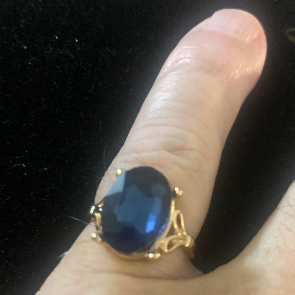 Blue Cut Glass stone on gold colored ring bogo